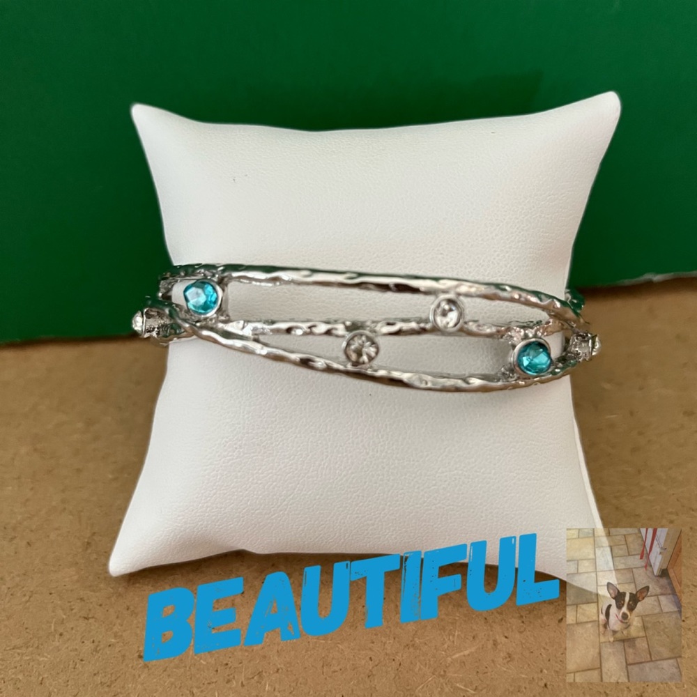 Silver Tone Rhinestone Large Bangle Bracelet - image 1